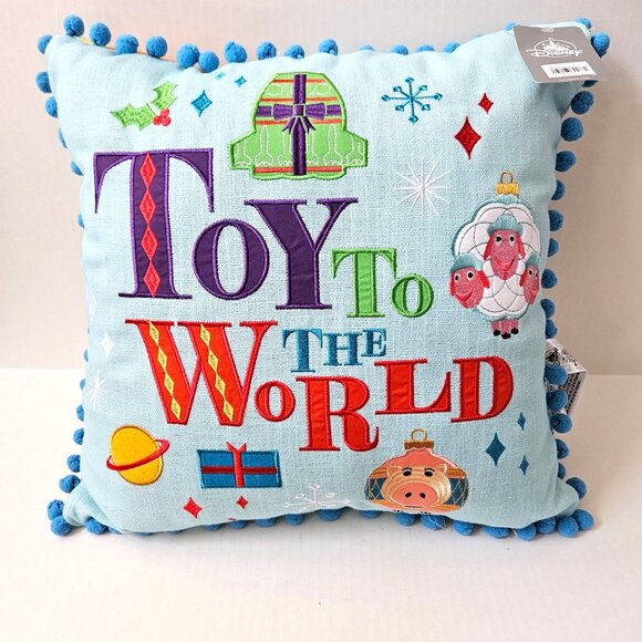 Disney Pixar Pillow Toy to the World Embroidered Holiday Pom Pom Trim 18" Sq NEW - Picture 2 of 10
